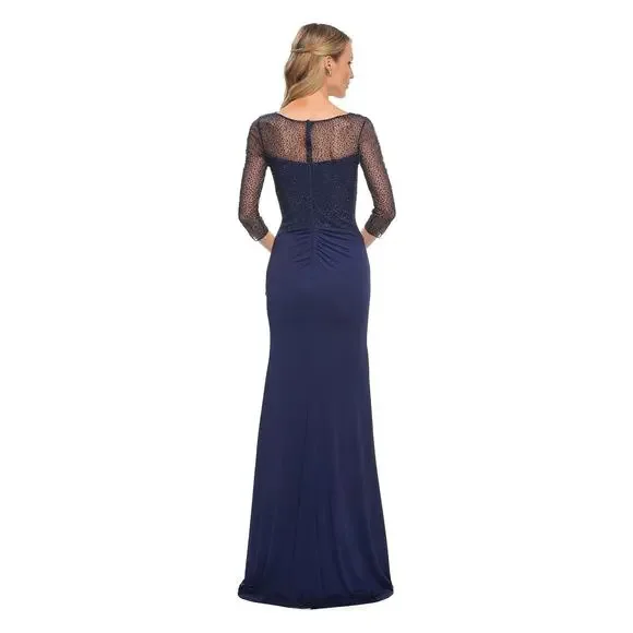 NWT La Femme Navy Beaded Lace Sleeve Ruffled Long Dress Size 14